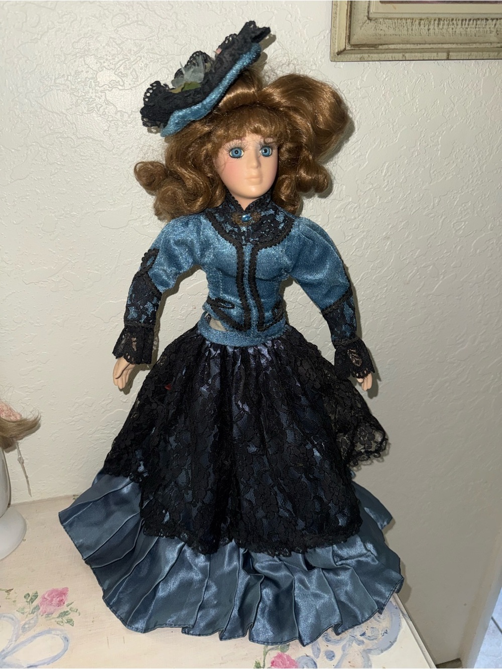Porcelain Doll in Blue Satin and Black Lace Dress